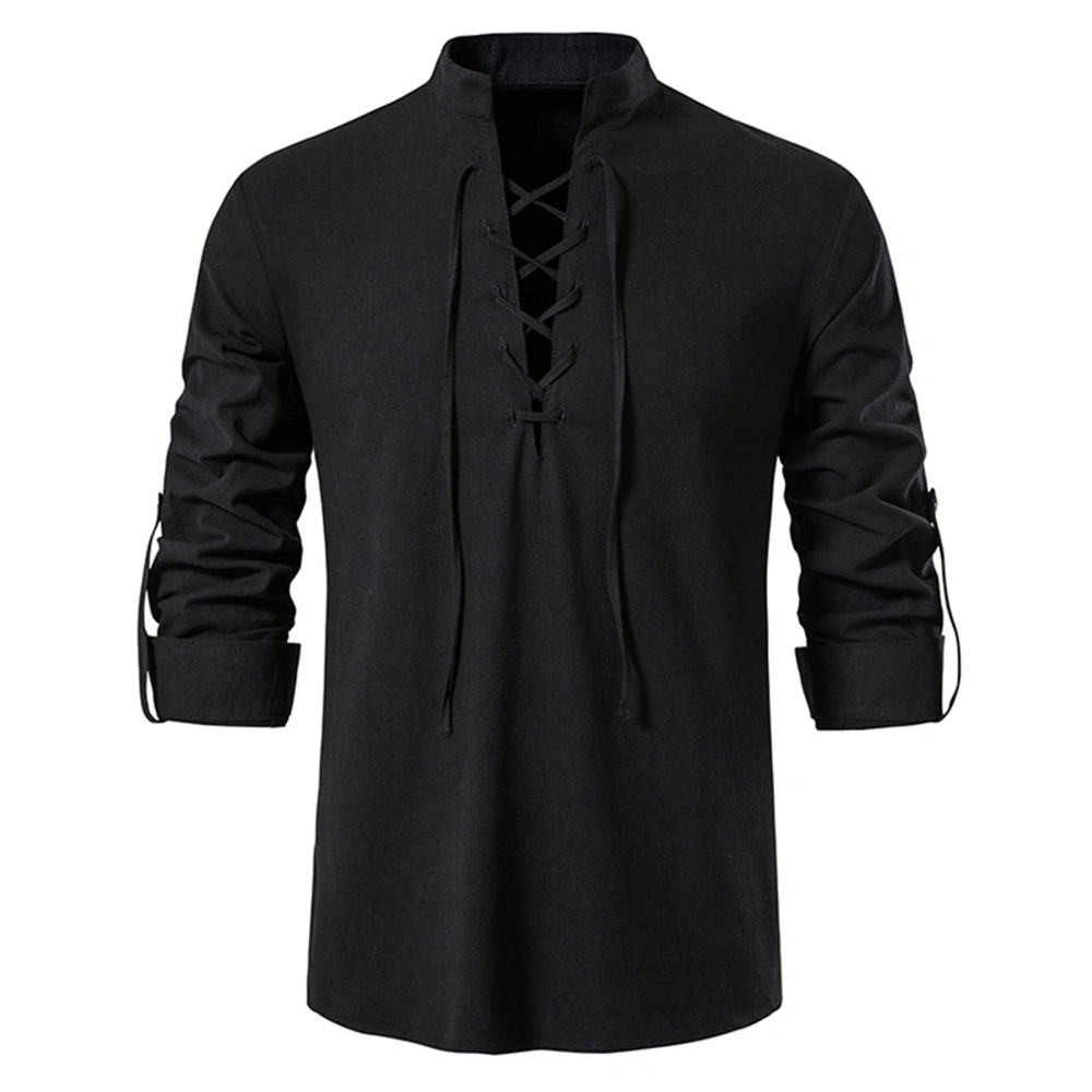 Men Lace Up Shirt Stand Collar V Neck Long Sleeve Casual Vintage Pure Color Pullover T Shirt Black XXL