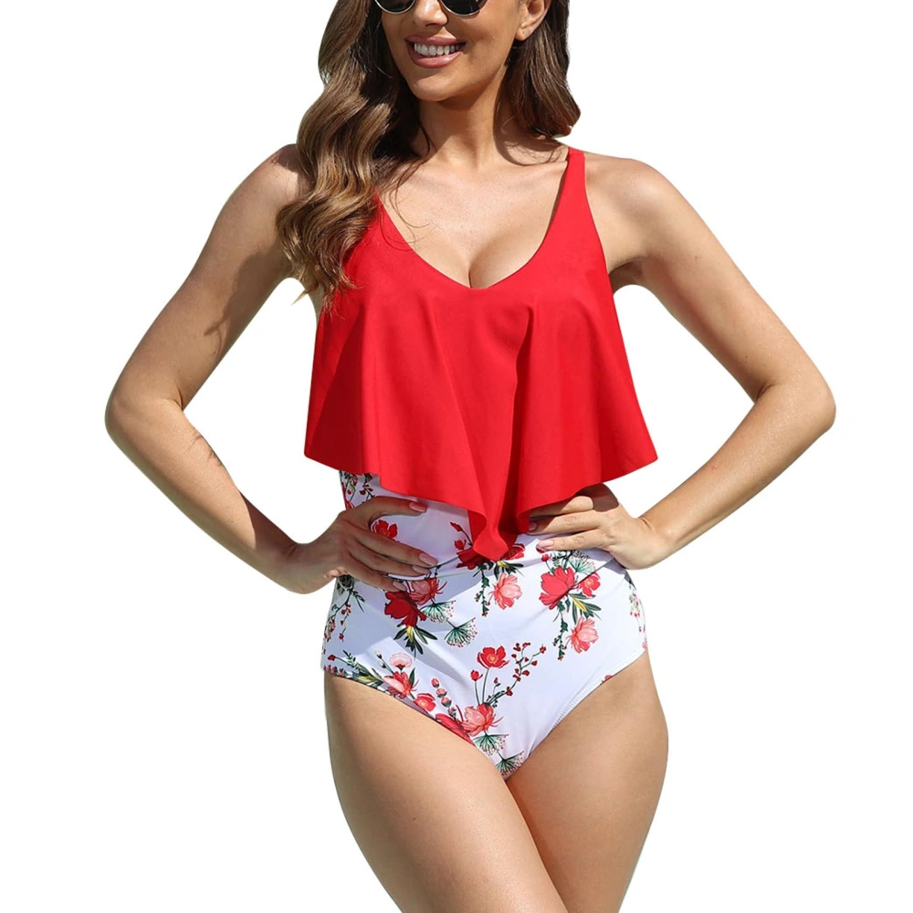 One Piece Swimsuit V Neck Adjustable Strap Ruffle Swimwear Wireless Conservative Stylish Bathing Suit with Bra Pad Red and Flower Print M