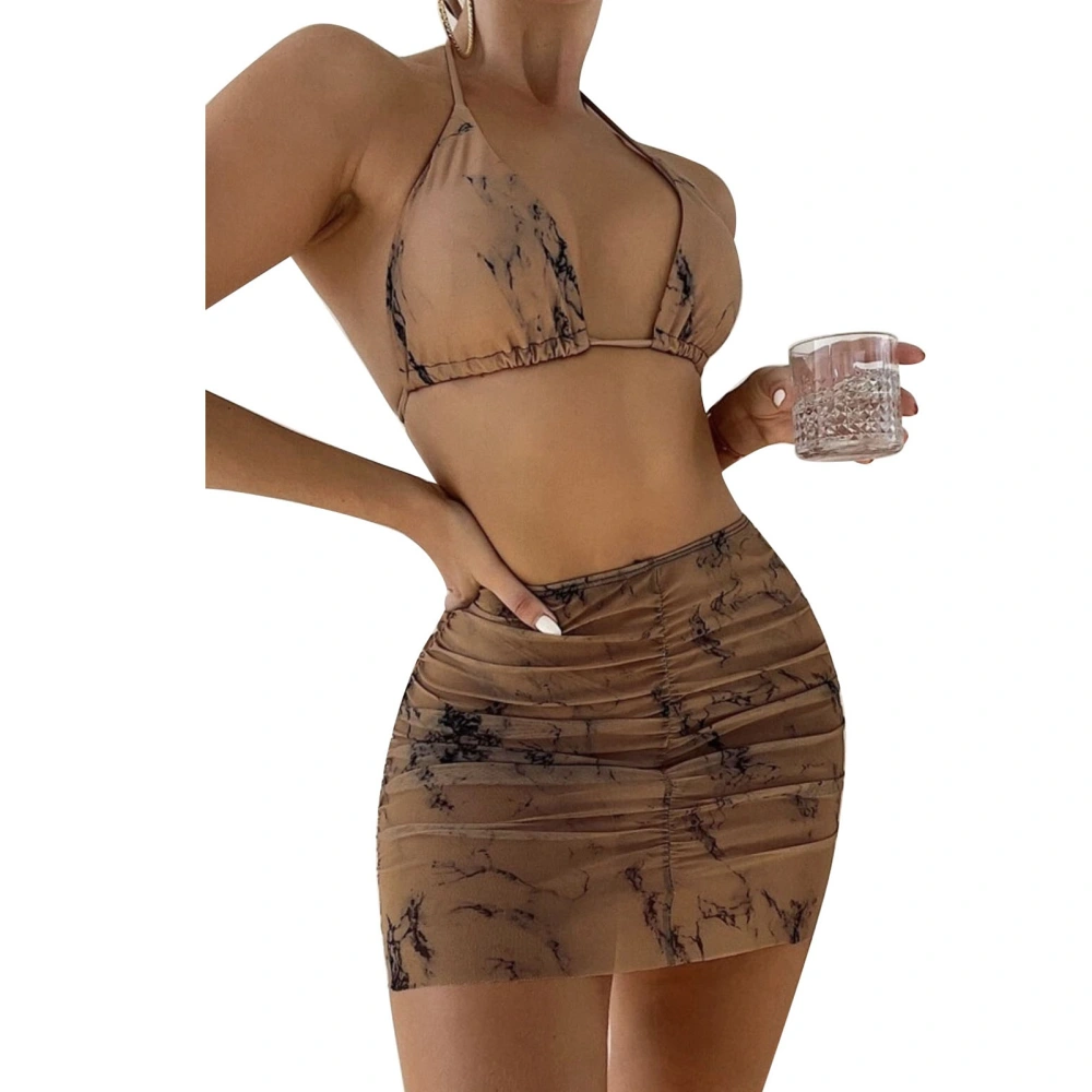 Bikini Suit Tie Halter Neck Backless Print 3 Piece Swimsuit with Mesh Cover Up Skirt for Beach Pool Party Brown M