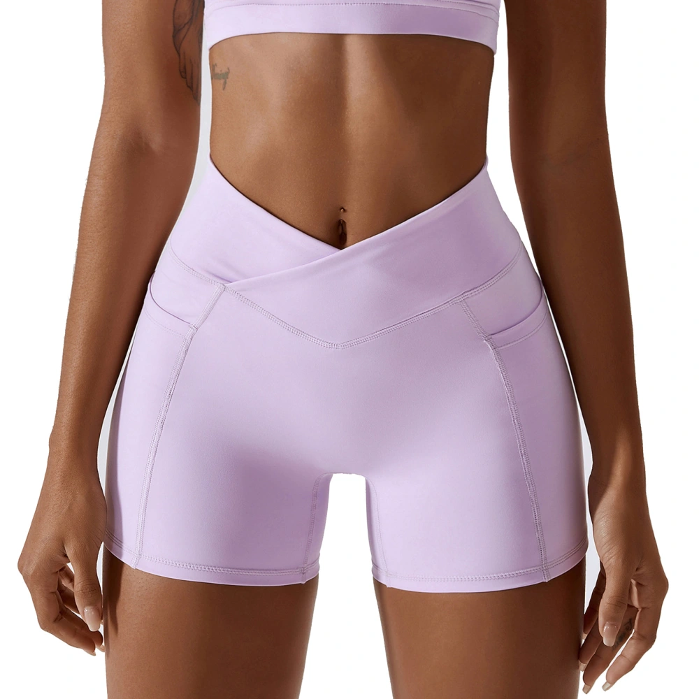 Cross Waist Yoga Shorts Side Pocket Slim Fit Fashionable Stylish Pure Color Cross Waist Workout Shorts Purple 14/XL