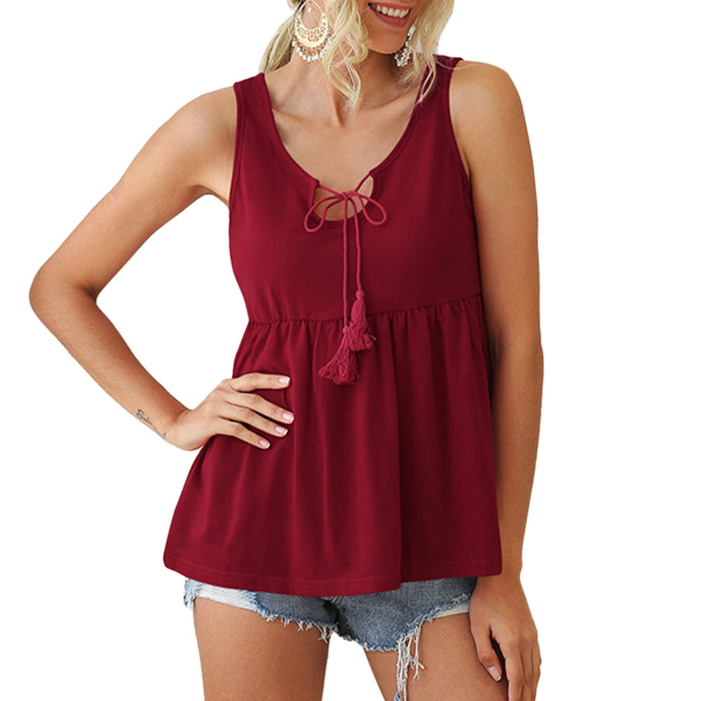 Front Drawstring Sleeveless Shirt U Neck Pure Color High Waist Pleated Casual Tie Front Tassel Top Wine Red L