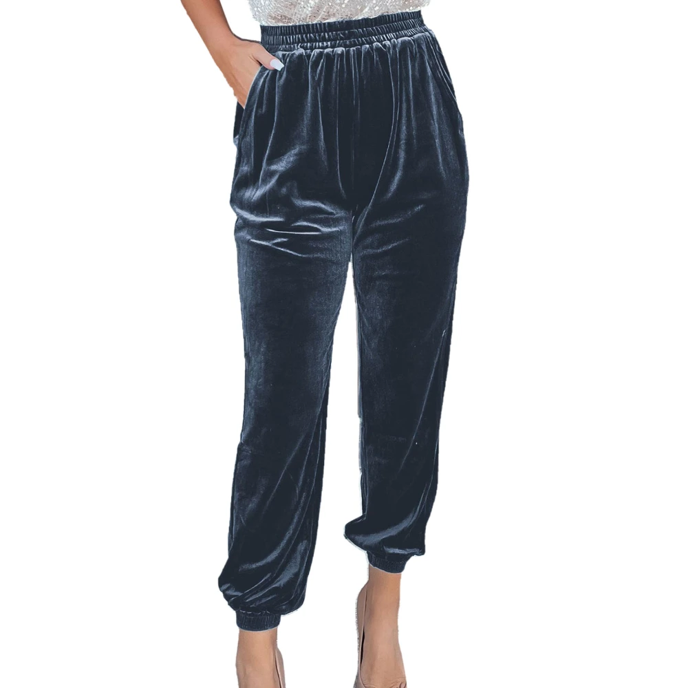 Women Tapered Cuff Pants Side Pockets Pure Color Straight Leg Casual Elastic Waist Cinched Cuff Pants Dark Gray XL