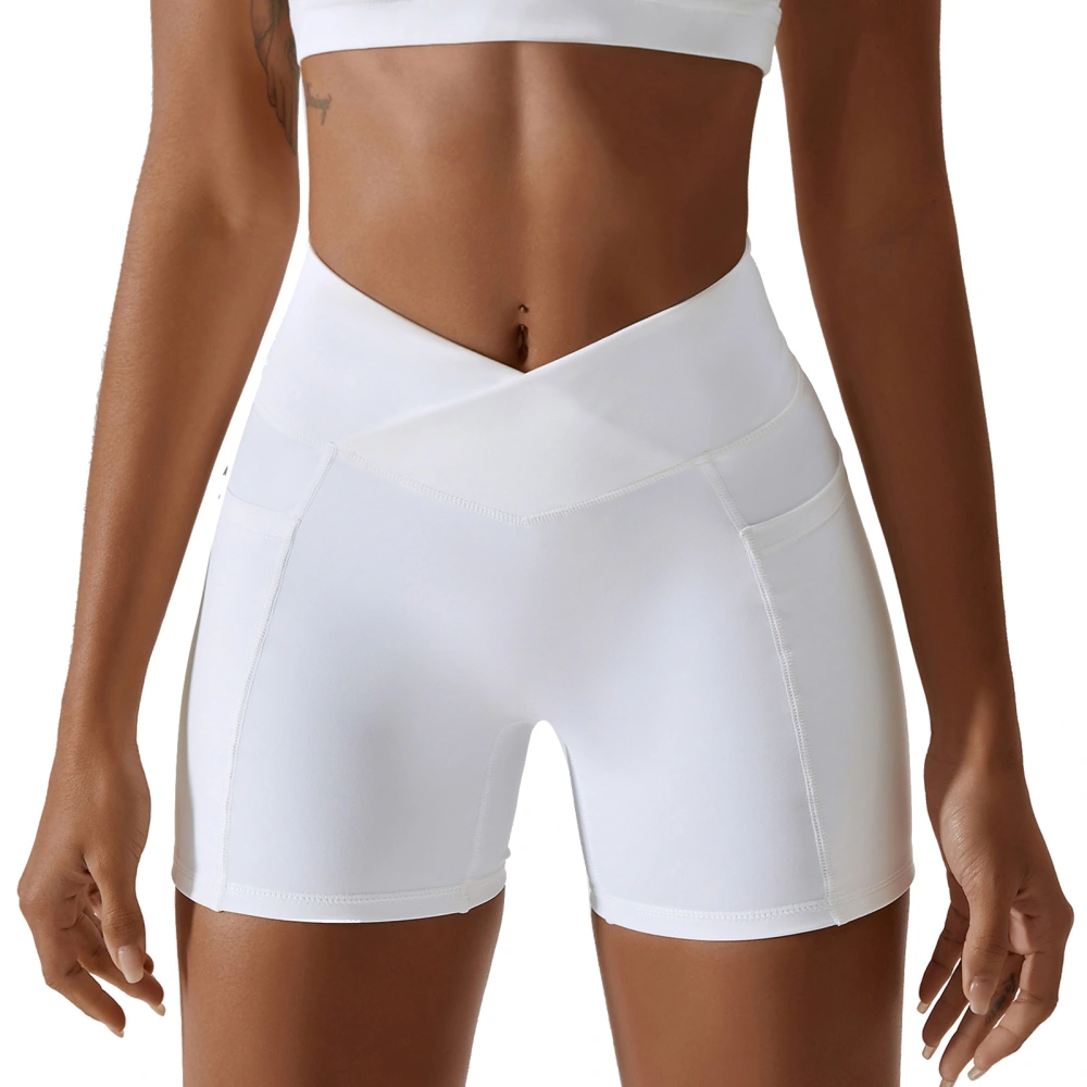 Cross Waist Yoga Shorts Side Pocket Slim Fit Fashionable Stylish Pure Color Cross Waist Workout Shorts White 12/L