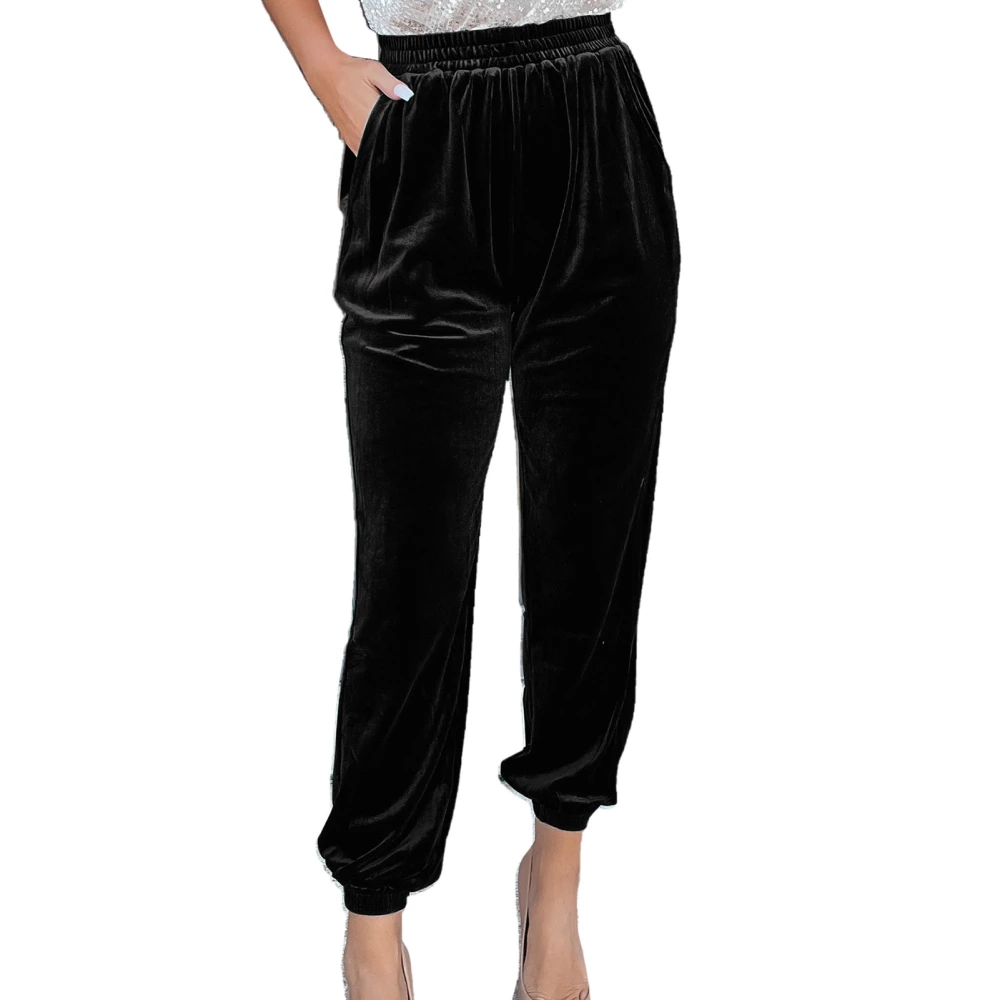 Women Tapered Cuff Pants Side Pockets Pure Color Straight Leg Casual Elastic Waist Cinched Cuff Pants Black L