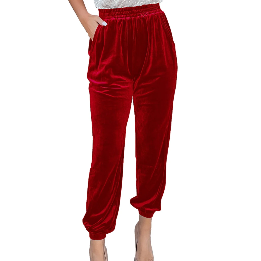 Women Tapered Cuff Pants Side Pockets Pure Color Straight Leg Casual Elastic Waist Cinched Cuff Pants Red L