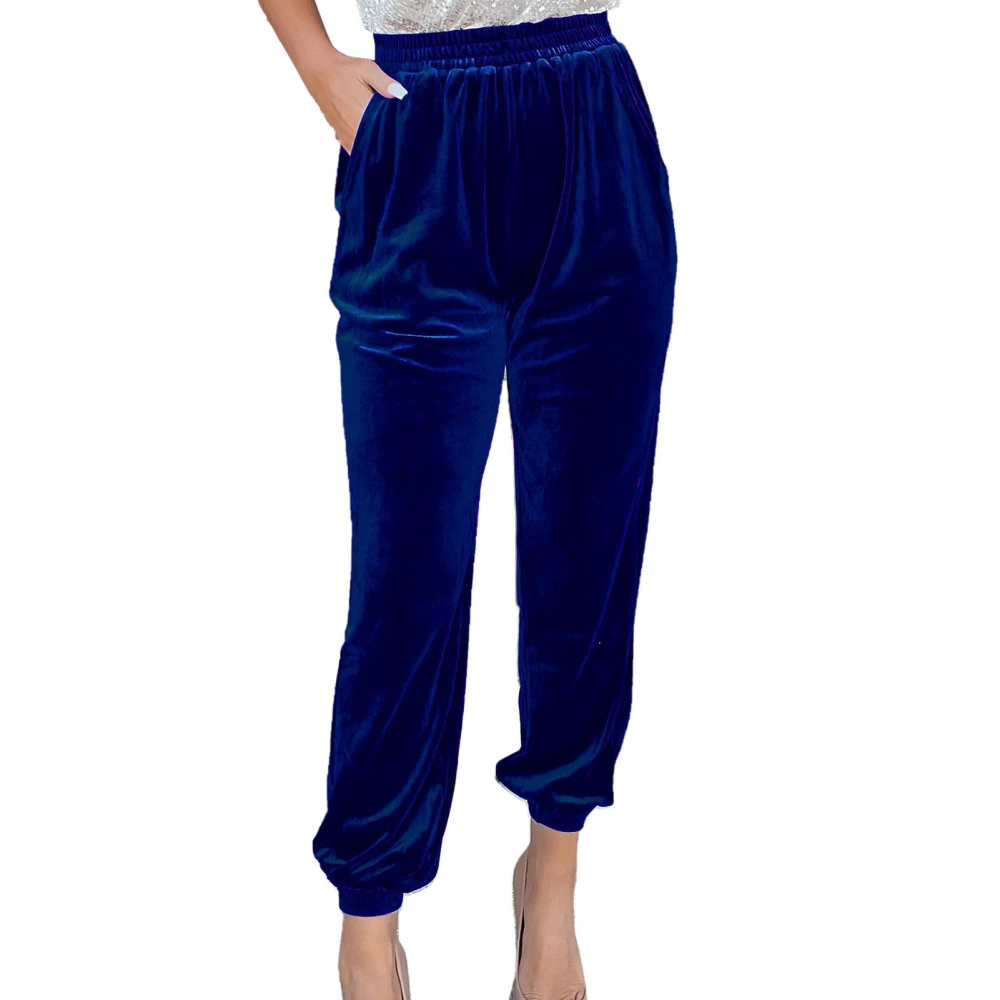 Women Tapered Cuff Pants Side Pockets Pure Color Straight Leg Casual Elastic Waist Cinched Cuff Pants Blue XL