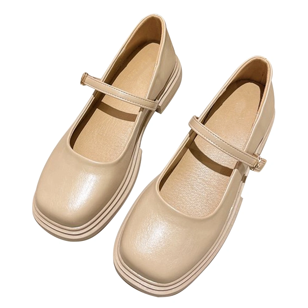 Women Buckle Platform Shoes Comfortable Rubber Sole PU Leather School Uniform Dress Shoes for Summer Milk Tea Color 37