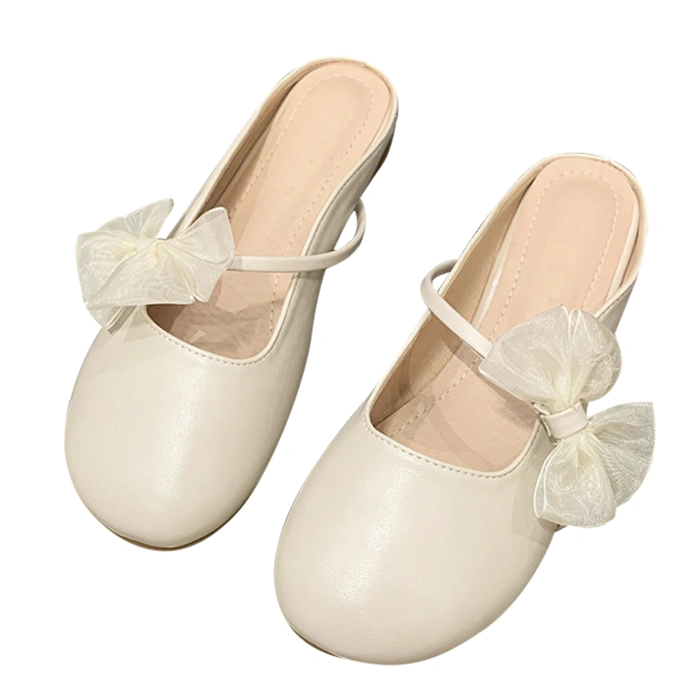 Summer Flat Half Slippers for Girls Bow Decoration Rounded Head Pure Color Soft Low Heel Slippers for Party Shopping Apricot 37