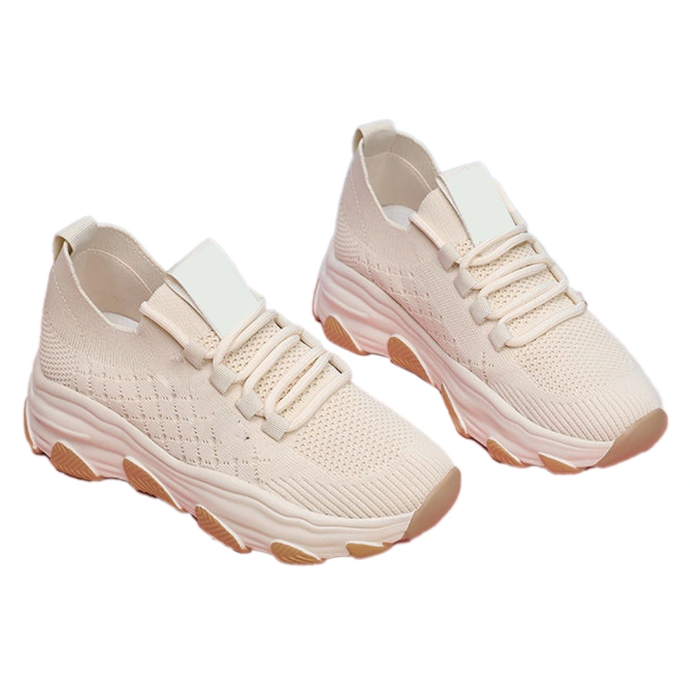 Women Casual Sneakers Flying Woven Upper Rubber Soft Sole Platform Shoes for All Seasons LB11 Beige 36