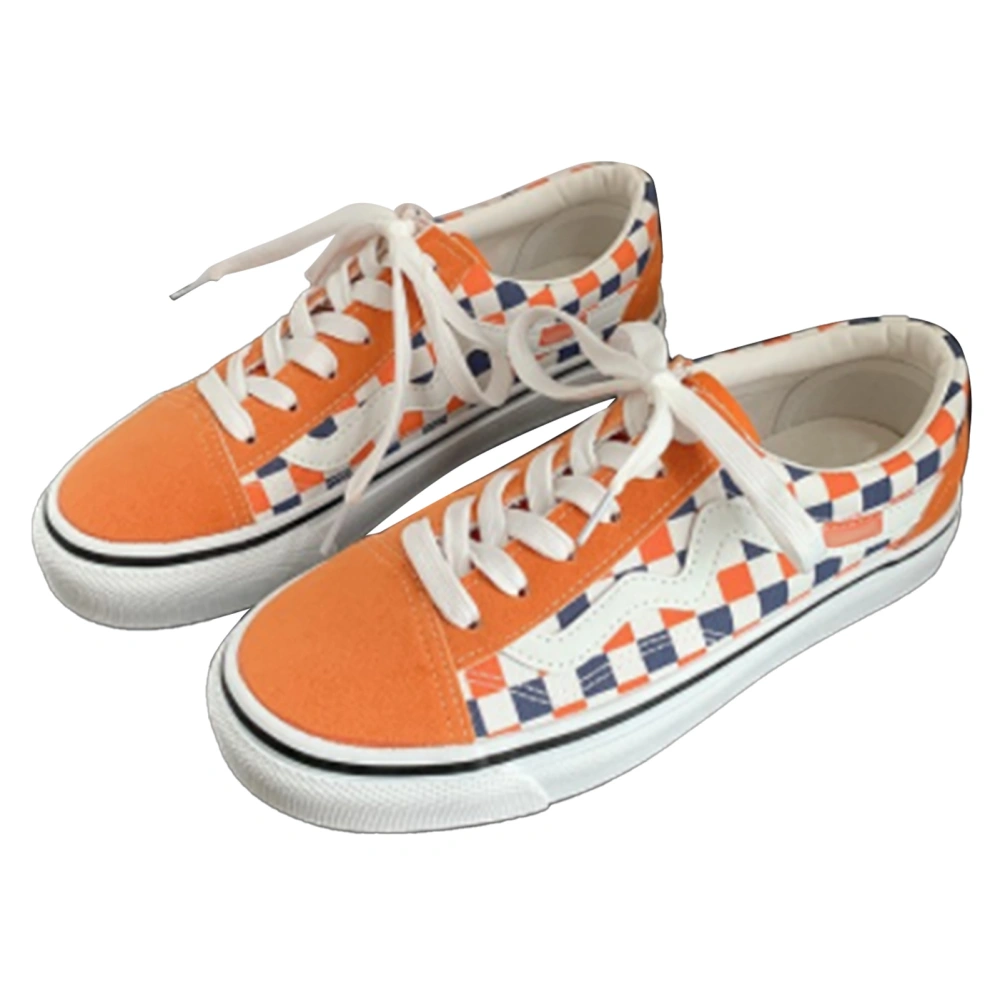 Women Canvas Shoes Bright Color Checked Pattern Breathable Sweat Absorbent Low Top Lace Up Skate Sneakers Orange Blue Checked Pattern 37