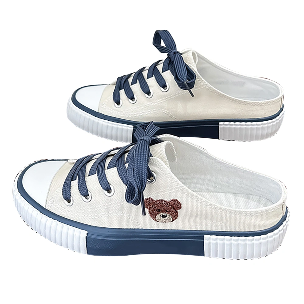 Cute Bear Pattern Canvas Shoes Women Fashionable Casual Low Top Lace Up Sneakers for Shopping Dating White 38