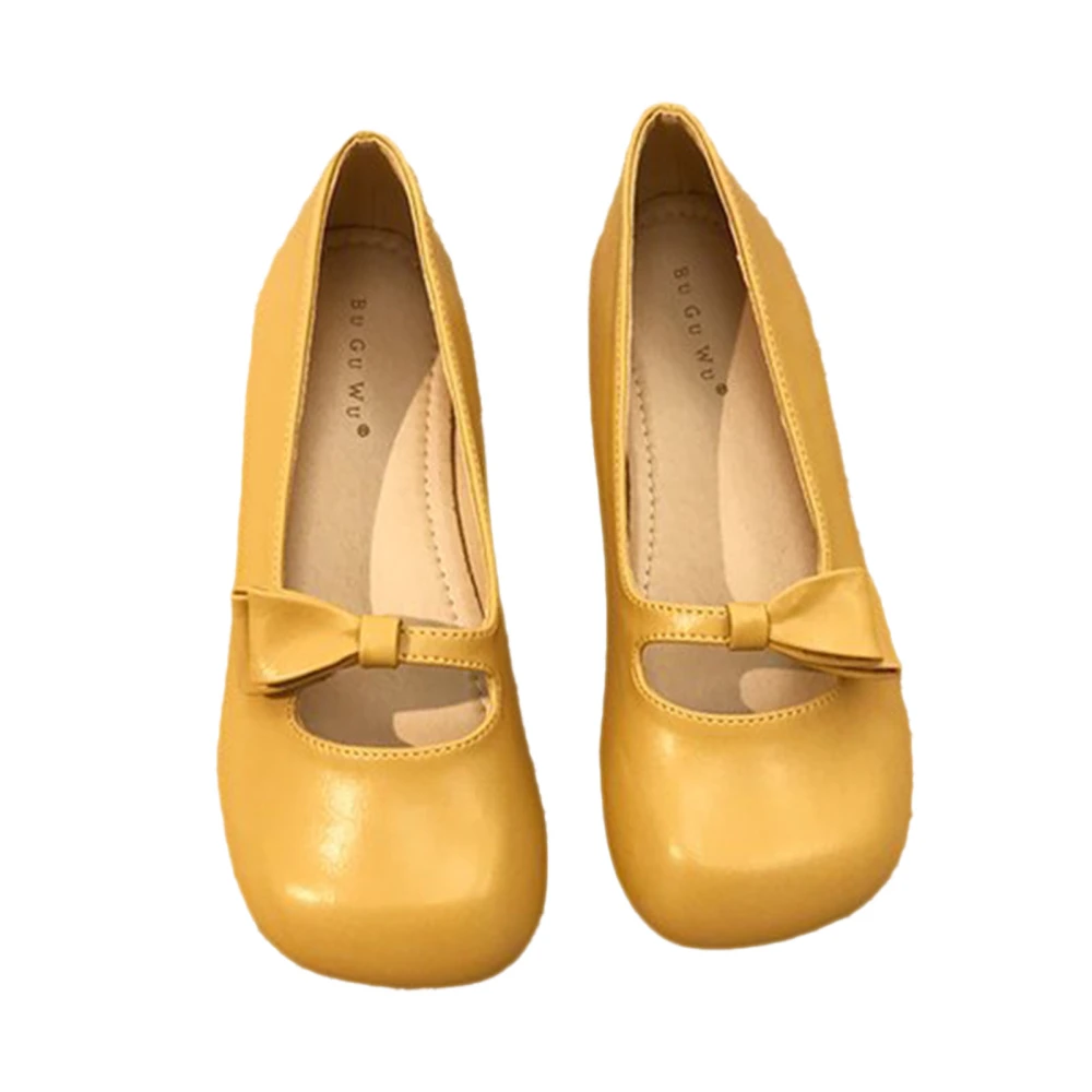 Women Bow Flats Shoes Retro Rubber Sole Comfortable Coarse Heel Shallow Mouth PU Bow Flats Shoes Yellow 37