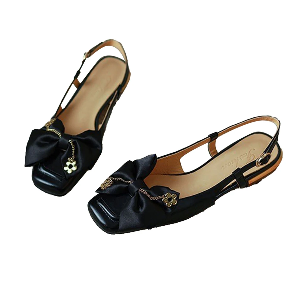 Women Closed Toe Sandals Fashion Exquisite Silk Bow Decoration Rubber Sole PU Leather Flat Sandals Black 38 Size