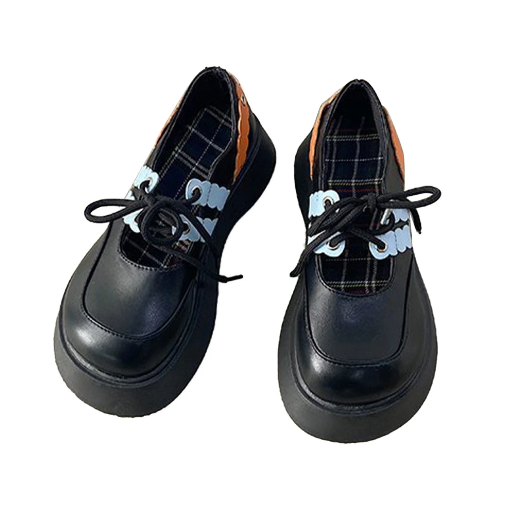 Girls Leather Shoes Vintage Thick Soled Fashionable Simple PU Leather Autumn Shoes for Female Black 36