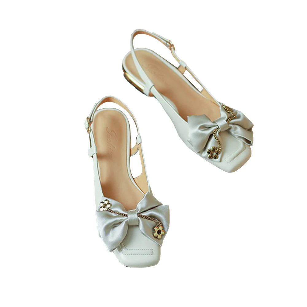 Women Closed Toe Sandals Fashion Exquisite Silk Bow Decoration Rubber Sole PU Leather Flat Sandals Beige 37 Size