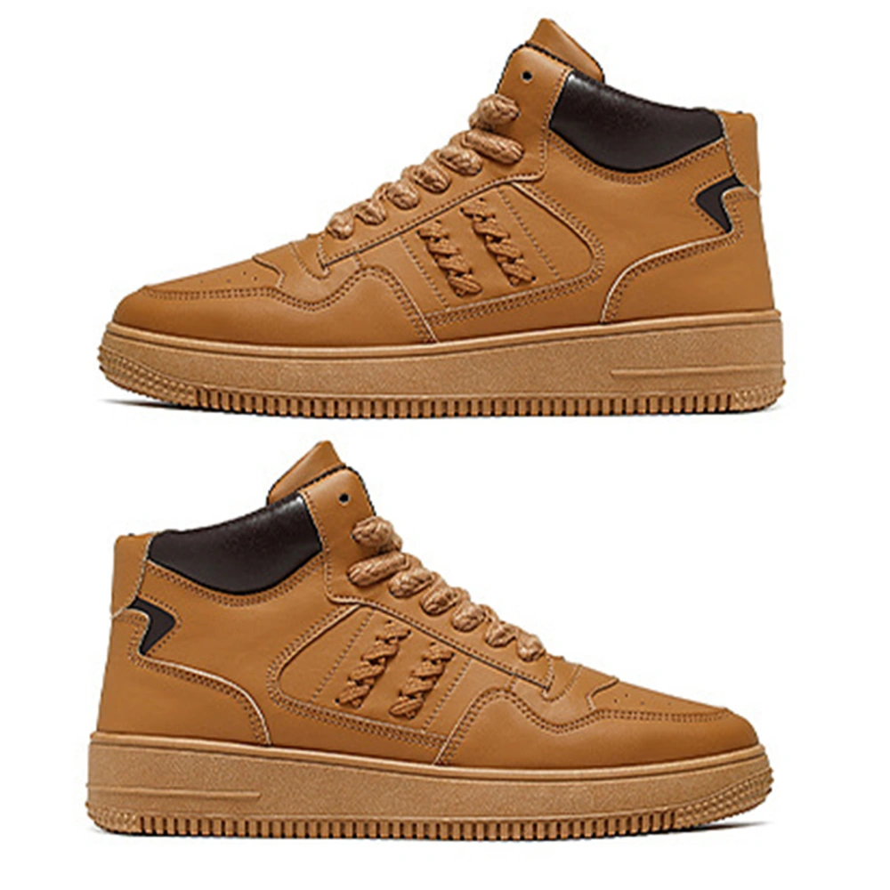 Men High Top Shoes Color Block PU Leather Upper Rubber Sole Breathable Men Sneaker Shoes for Sports Basketball Khaki 42