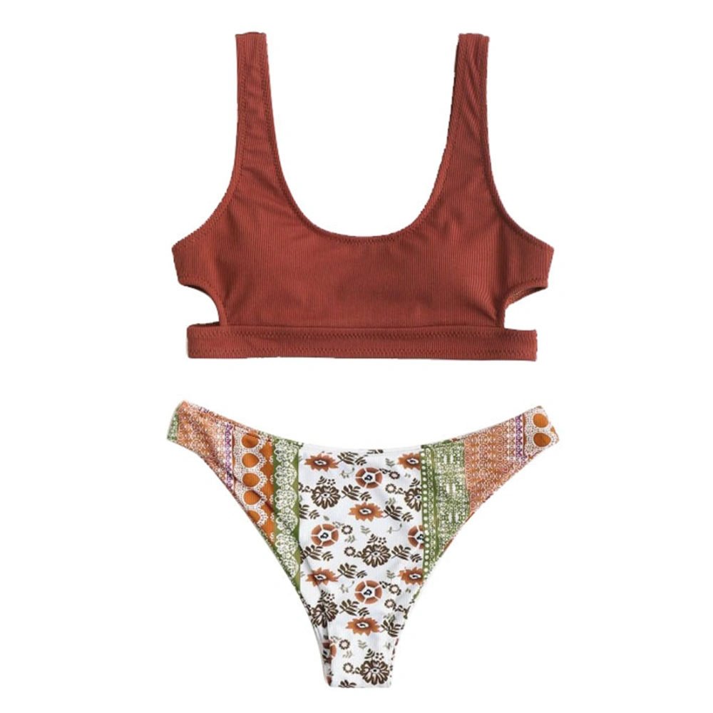 Women Bikini Swimsuit Wide Straps Hollow Up High Cut Briefs Beautiful Printing 2 Pieces Bathing Suit Brown M