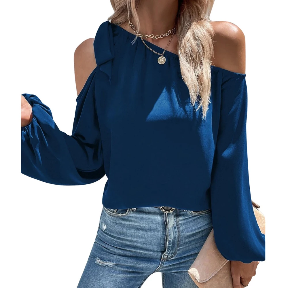 Women Top Cold Shoulder Tie Knot Pure Color Lantern Sleeve Elastic Cuff Chiffon Elegant Casual Blouse Shirt Navy Blue S