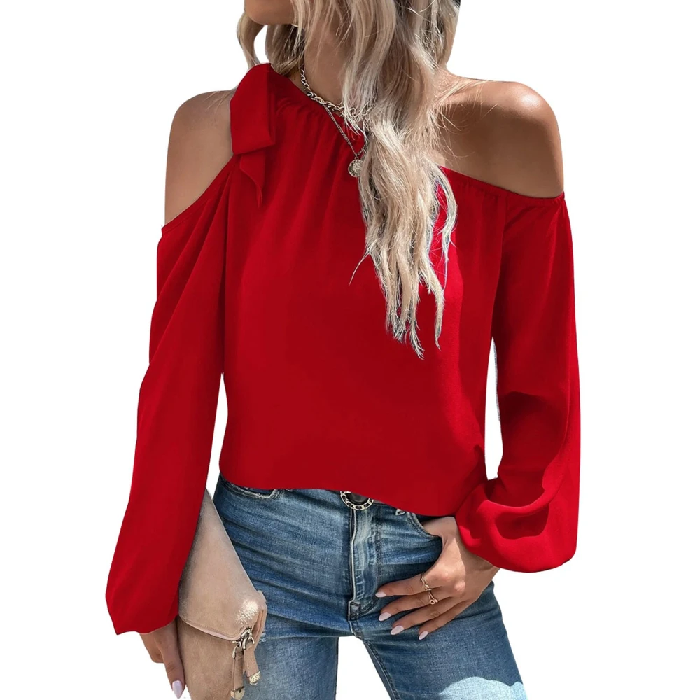 Women Top Cold Shoulder Tie Knot Pure Color Lantern Sleeve Elastic Cuff Chiffon Elegant Casual Blouse Shirt Red L