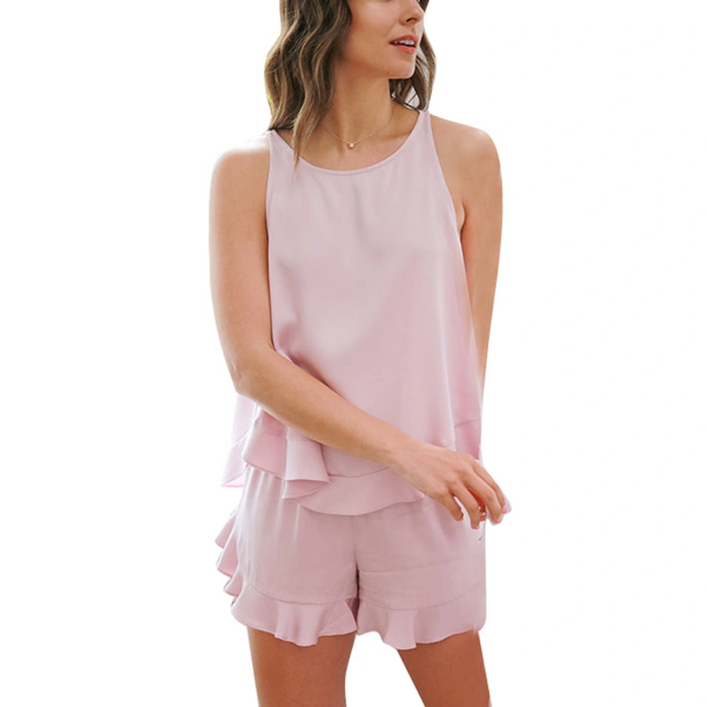 Shorts Pajamas Set Sleeveless Round Neck Comfortable Soft Ruffled Hemline Elastic Waist Loose Shorts Pajamas Set for Bedroom Pink M