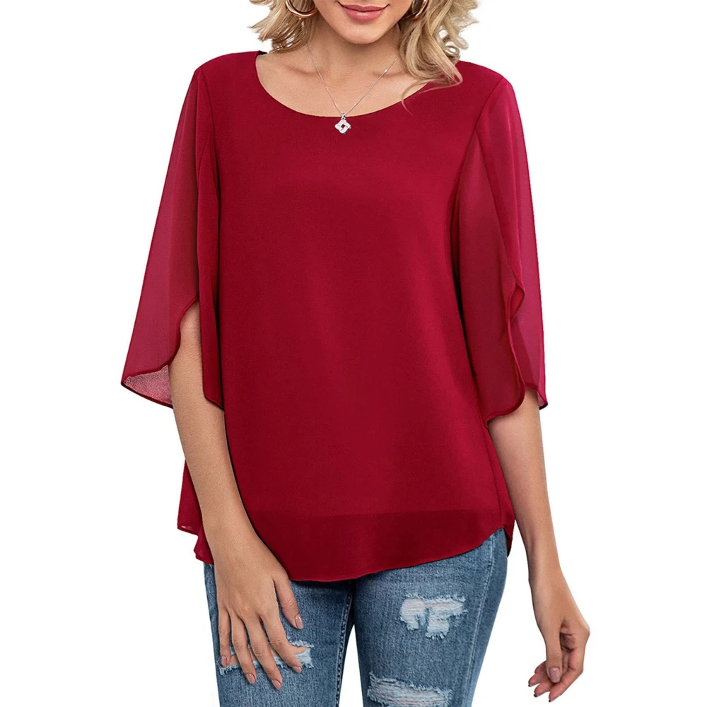 Women Round Neck Top Half Ruffled Slit Sleeves Double Layers Loose Type Casual Chiffon T Shirt Wine Red M