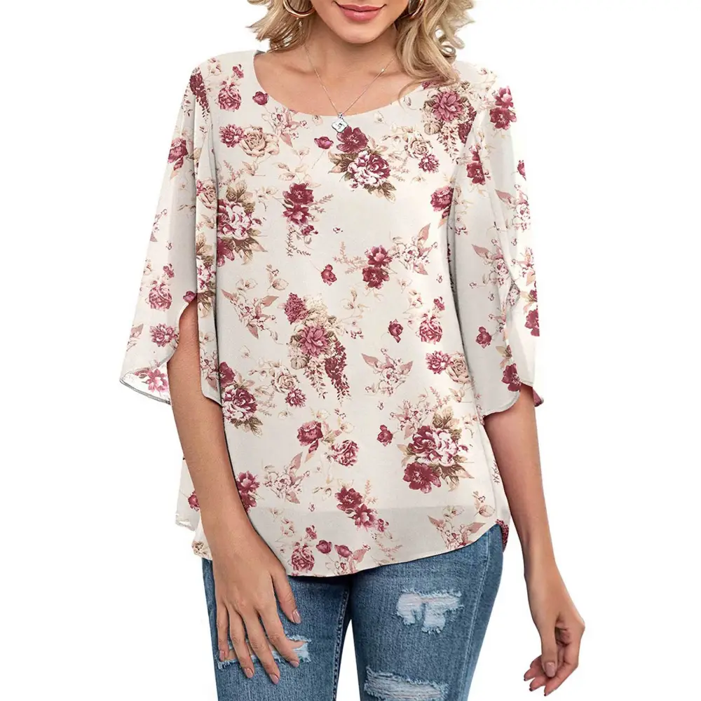 Women Round Neck Top Half Ruffled Slit Sleeves Double Layers Loose Type Casual Chiffon T Shirt White Back Red Flowers S