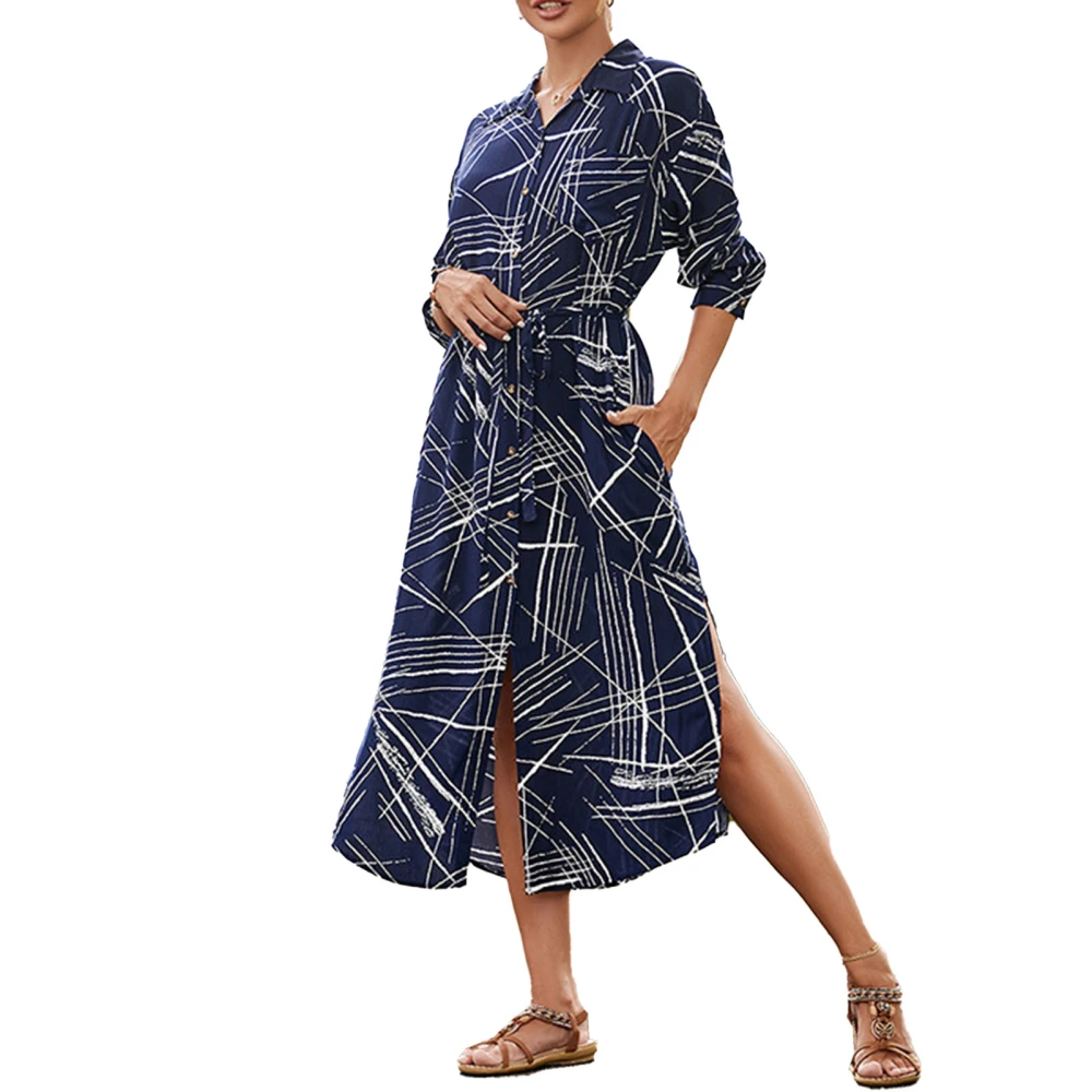 Women Bikini Coverup Turn Down Collar Belted Long Sleeves Beautiful Printing Sun Protection Covering Shirt Dress Navy Blue Back White Lines Free Size