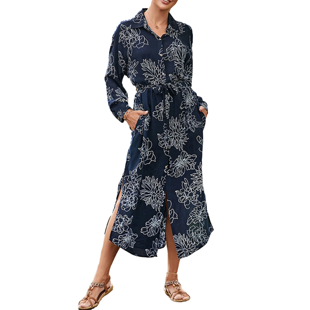 Women Bikini Coverup Turn Down Collar Belted Long Sleeves Beautiful Printing Sun Protection Covering Shirt Dress Navy Blue Back White Flowers Free Size