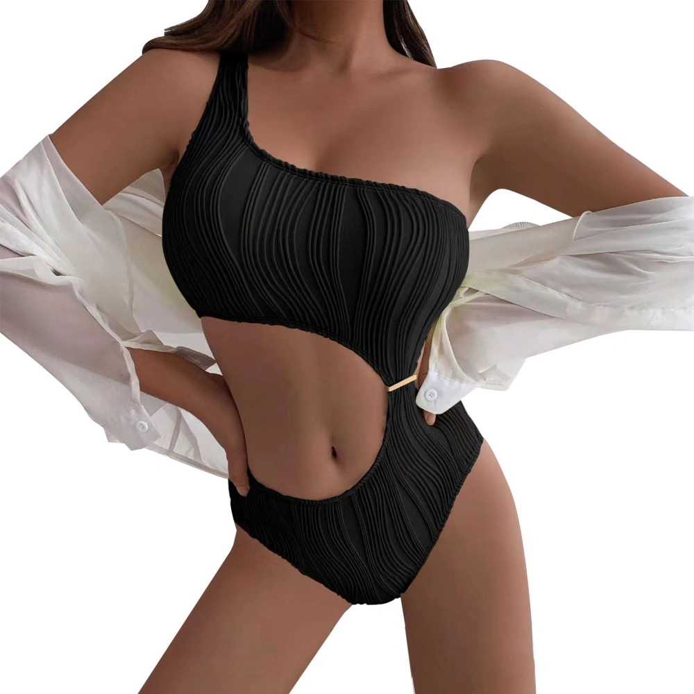 Single Shoulder One Piece Bikini Pure Color Breathable Polyester Fiber Waist Cutout Swimwear for Beach Black S