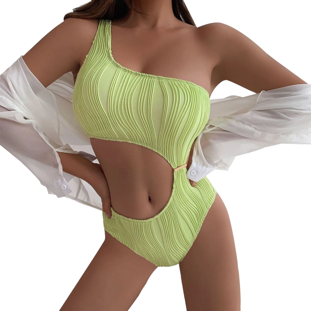 Single Shoulder One Piece Bikini Pure Color Breathable Polyester Fiber Waist Cutout Swimwear for Beach Green M