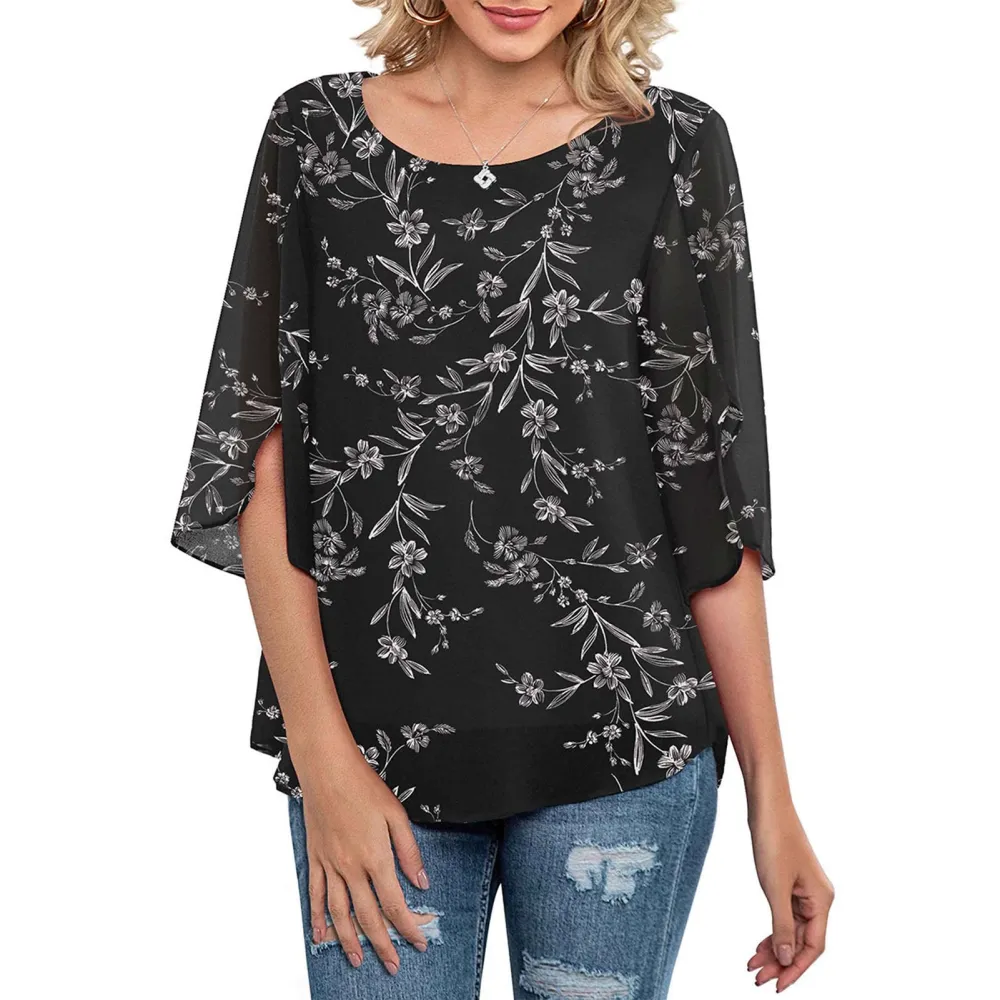 Women Round Neck Top Half Ruffled Slit Sleeves Double Layers Loose Type Casual Chiffon T Shirt Black Back White Flowers L