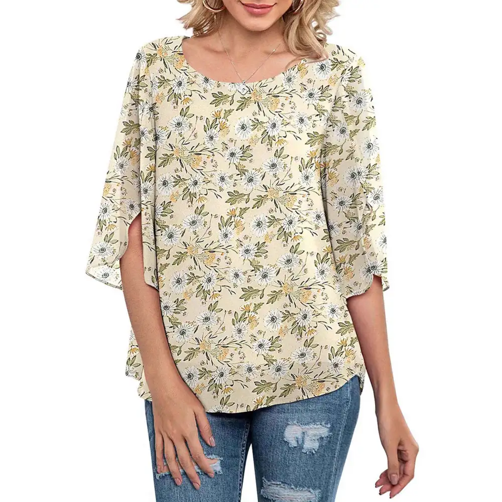 Women Round Neck Top Half Ruffled Slit Sleeves Double Layers Loose Type Casual Chiffon T Shirt Green Back White Flowers M