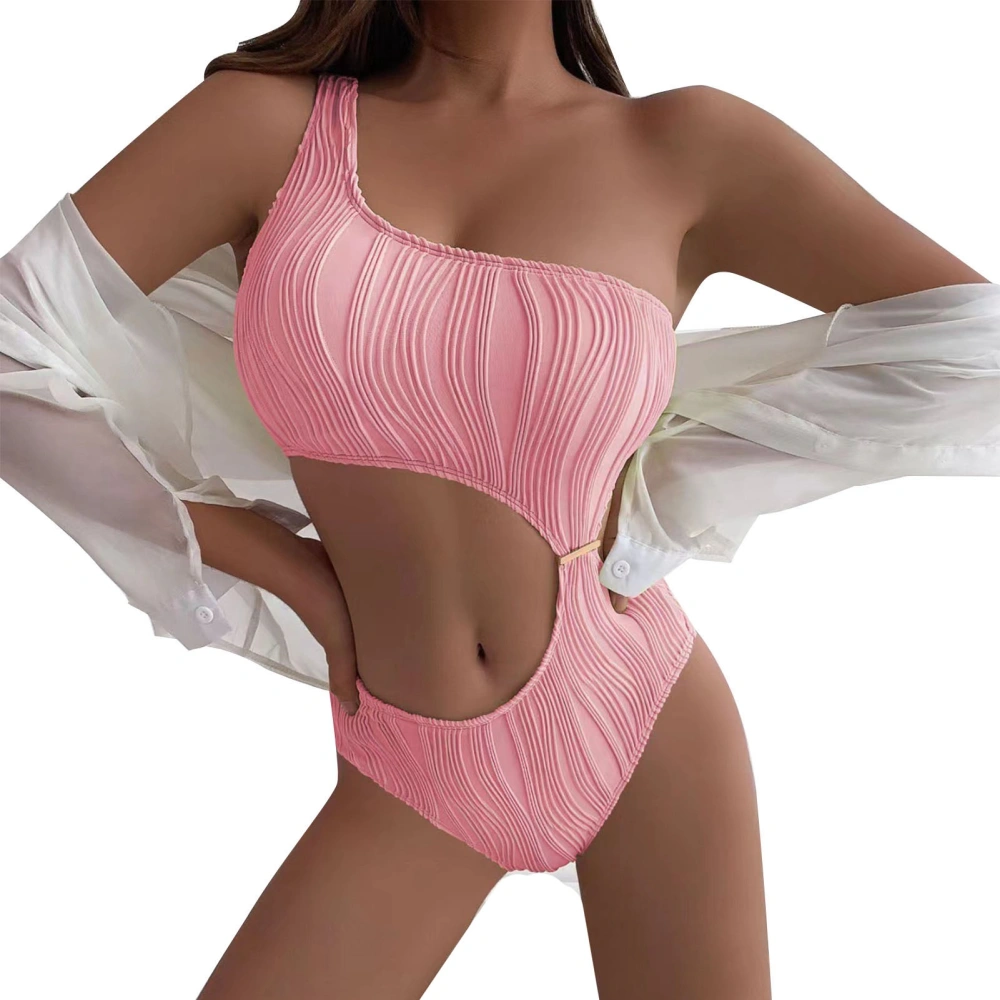 Single Shoulder One Piece Bikini Pure Color Breathable Polyester Fiber Waist Cutout Swimwear for Beach Pink S