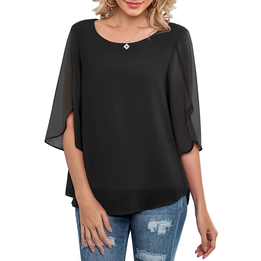 Women Round Neck Top Half Ruffled Slit Sleeves Double Layers Loose Type Casual Chiffon T Shirt Black M