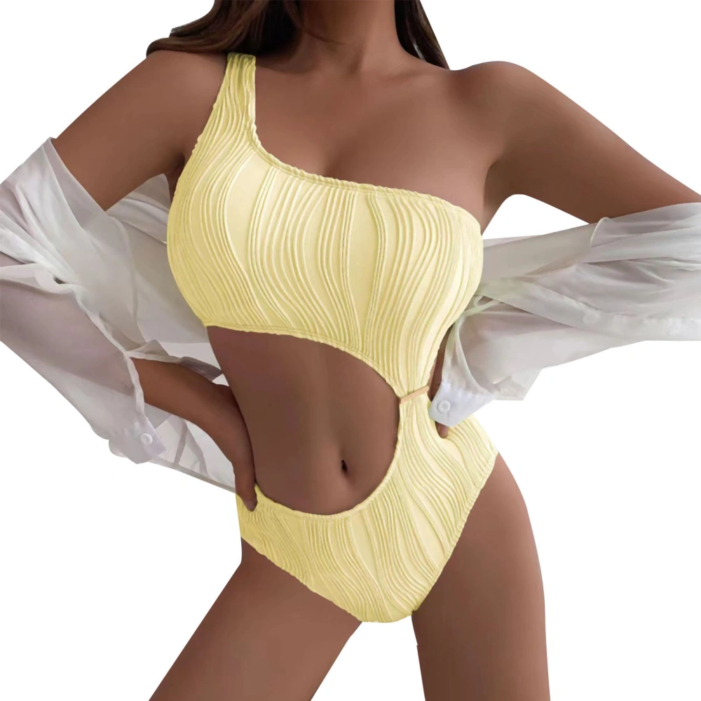 Single Shoulder One Piece Bikini Pure Color Breathable Polyester Fiber Waist Cutout Swimwear for Beach Yellow M