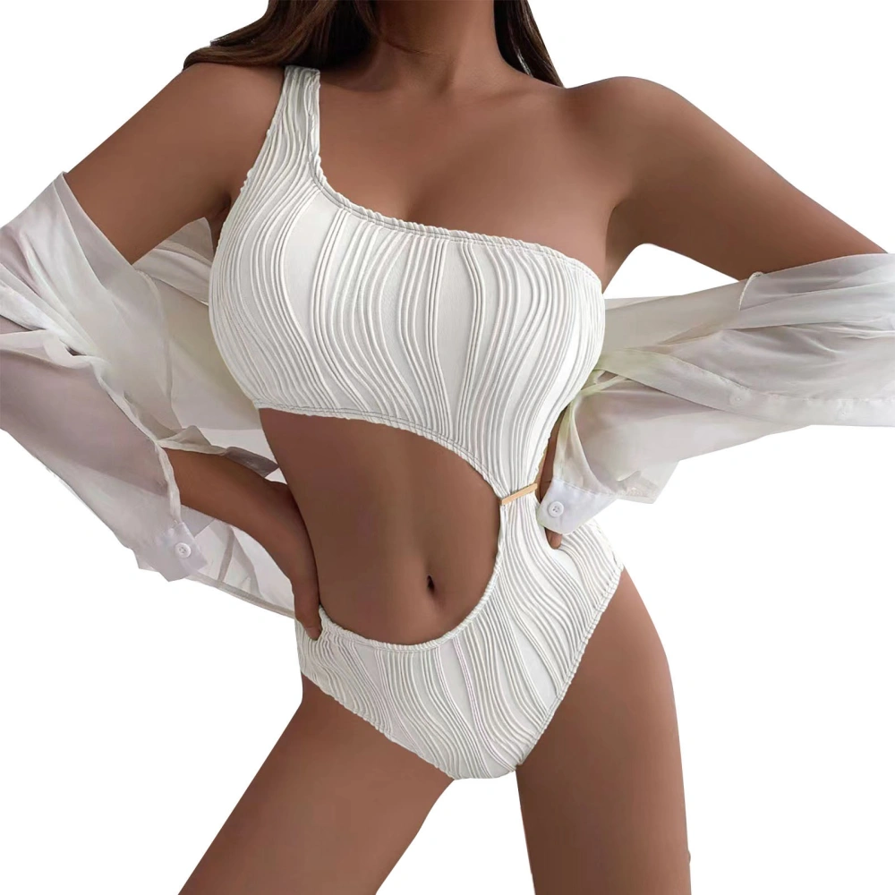 Single Shoulder One Piece Bikini Pure Color Breathable Polyester Fiber Waist Cutout Swimwear for Beach White M