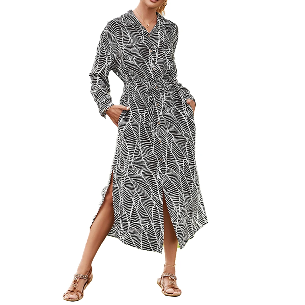 Women Bikini Coverup Turn Down Collar Belted Long Sleeves Beautiful Printing Sun Protection Covering Shirt Dress Geometric Pattern Free Size