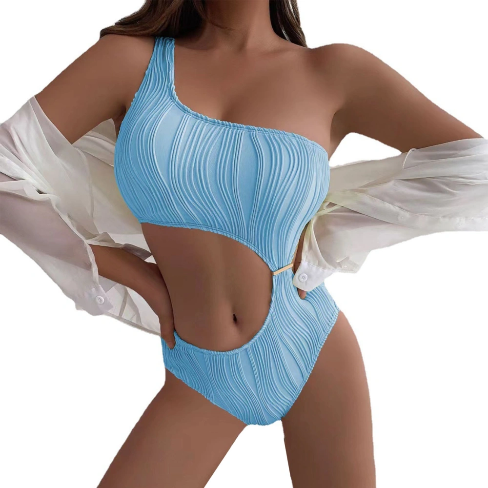 Single Shoulder One Piece Bikini Pure Color Breathable Polyester Fiber Waist Cutout Swimwear for Beach Sky Blue S