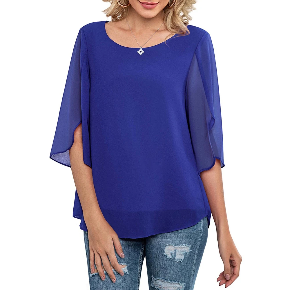 Women Round Neck Top Half Ruffled Slit Sleeves Double Layers Loose Type Casual Chiffon T Shirt Dark Blue XXL