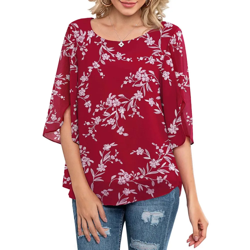 Women Round Neck Top Half Ruffled Slit Sleeves Double Layers Loose Type Casual Chiffon T Shirt Red Back White Flowers M