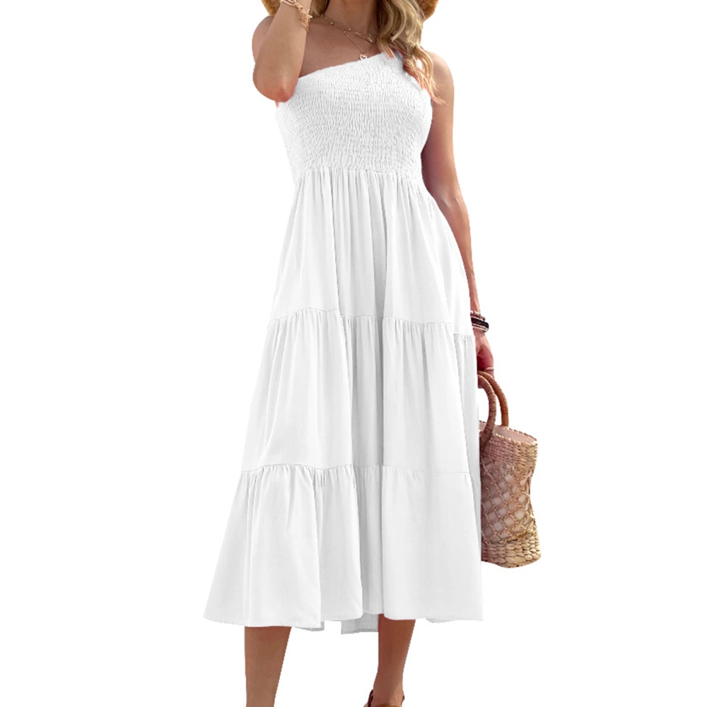 Women Dress One Piece Pure Color Shirred Design Single Shoulder Layered Skirt for Summer White M