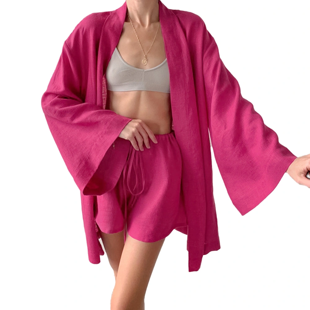 Women Night Robe Shorts Set Bell Sleeves Drawstring Closure Pure Color Summer Robe Shorts for Home Wear Rose Red S