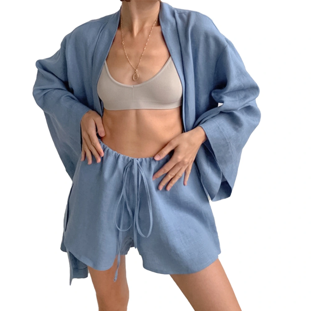 Women Night Robe Shorts Set Bell Sleeves Drawstring Closure Pure Color Summer Robe Shorts for Home Wear Blue S