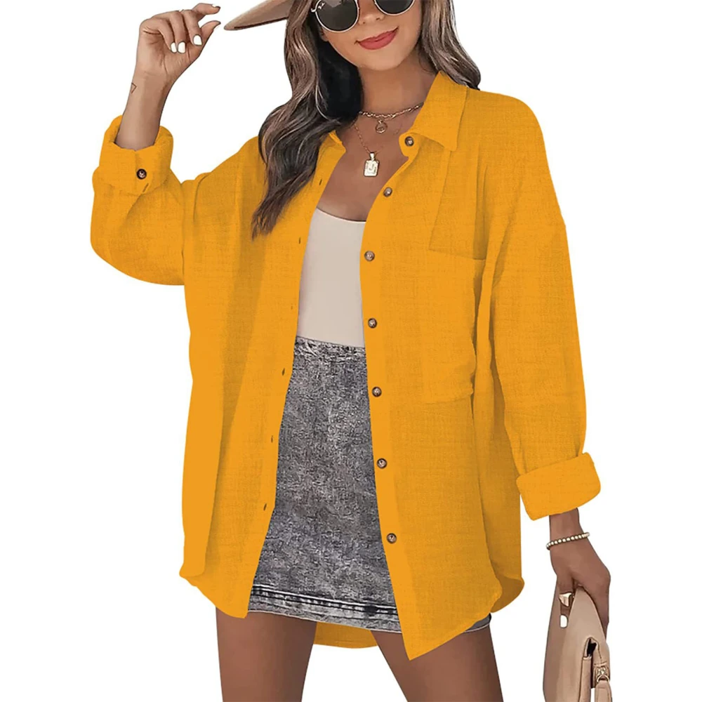 Long Sleeve Oversized Blouse Turn Down Collar Single Breasted Front Pocket Women Casual Oversized Blouse for Summer Yellow L