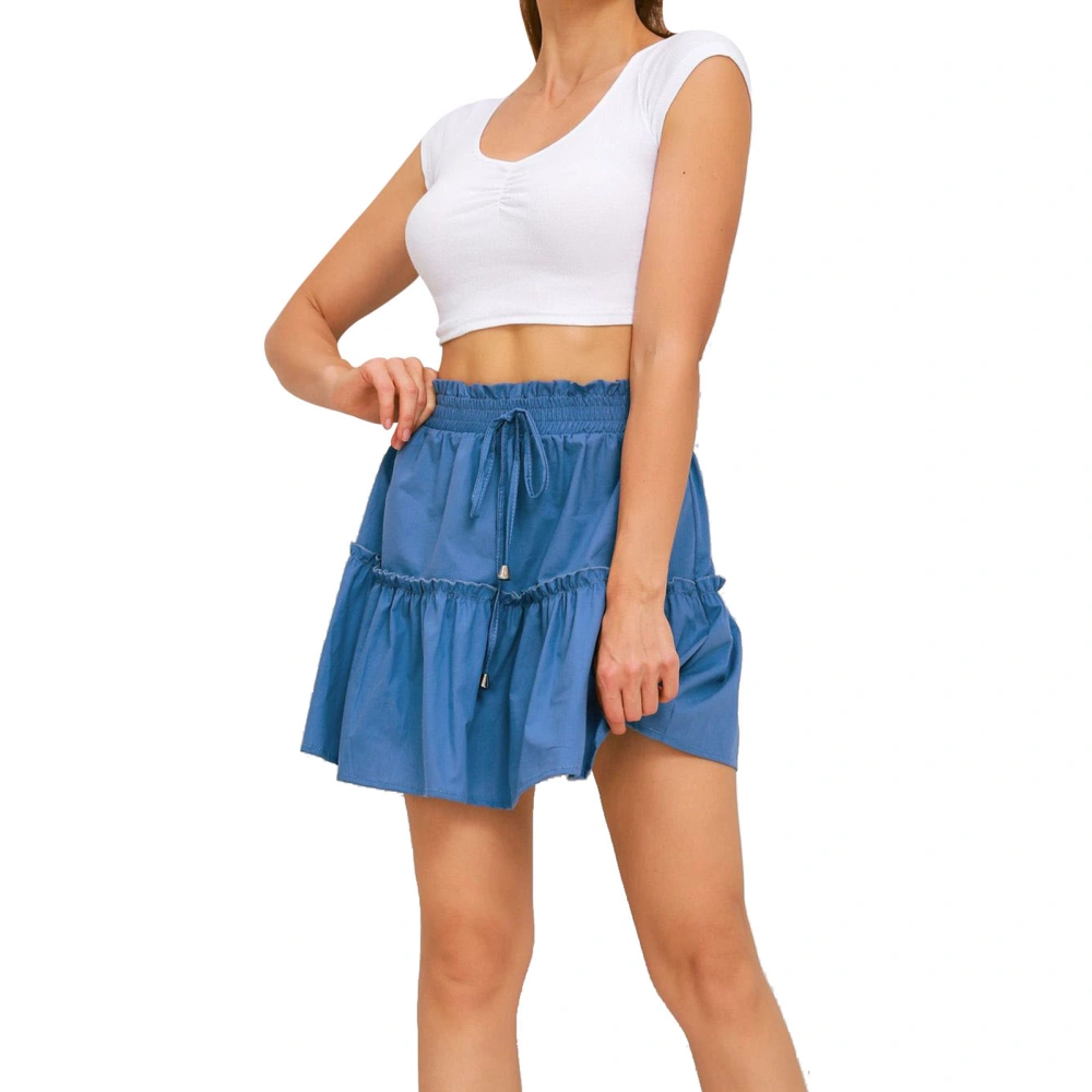 Women Skirt Pure Color Elastic High Waist Bow Tie Ruffle Hem A Line for Party Date Blue L