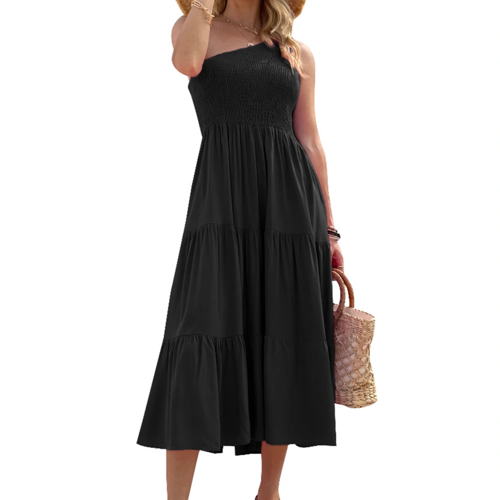 Women Dress One Piece Pure Color Shirred Design Single Shoulder Layered Skirt for Summer Black M