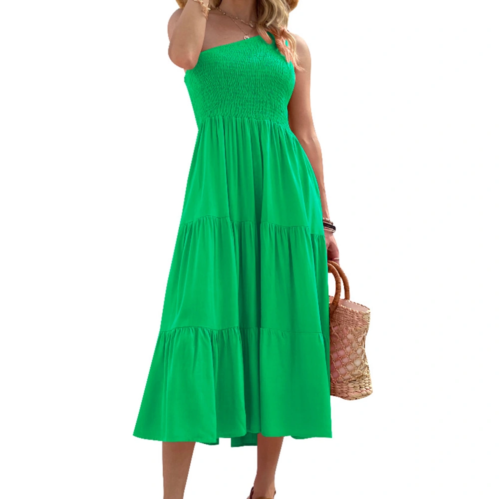 Women Dress One Piece Pure Color Shirred Design Single Shoulder Layered Skirt for Summer Light Green XL