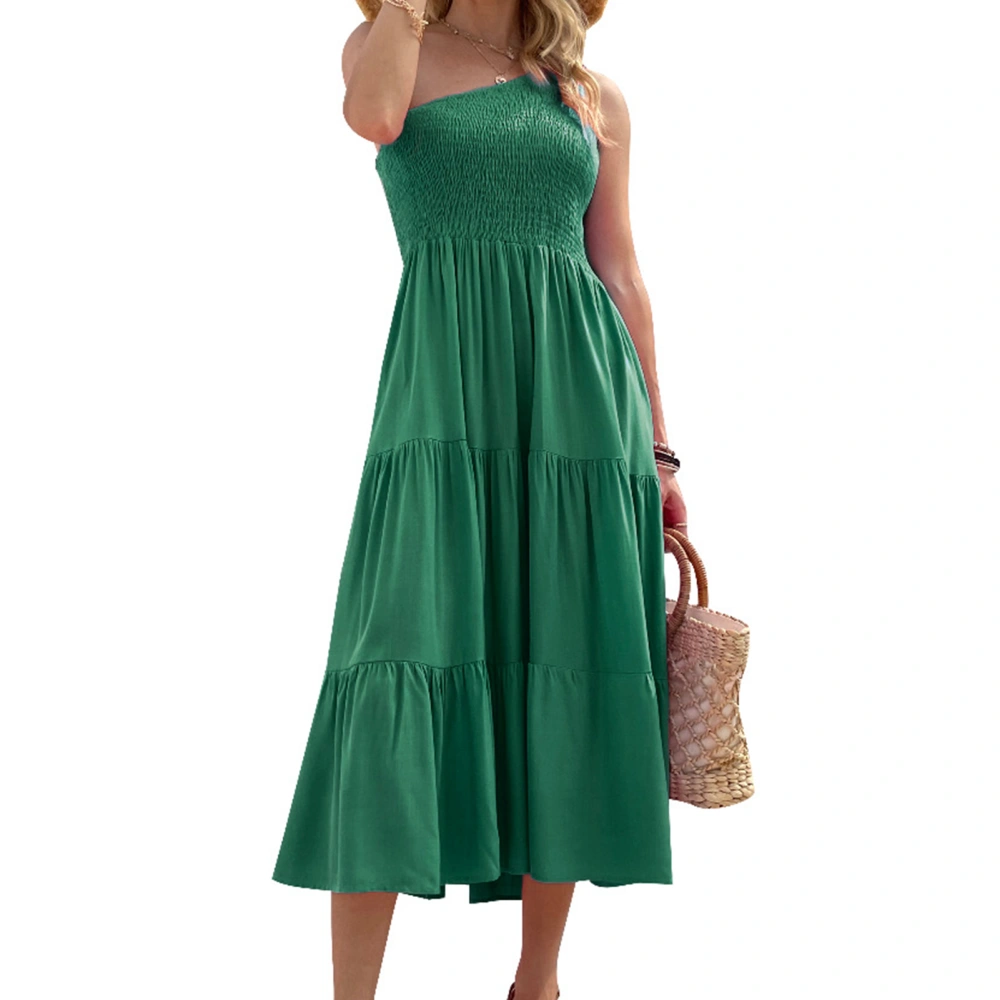 Women Dress One Piece Pure Color Shirred Design Single Shoulder Layered Skirt for Summer Forest Green M