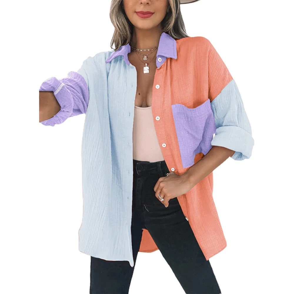 Long Sleeve Oversized Blouse Turn Down Collar Single Breasted Front Pocket Women Casual Oversized Blouse for Summer Orange Blue M