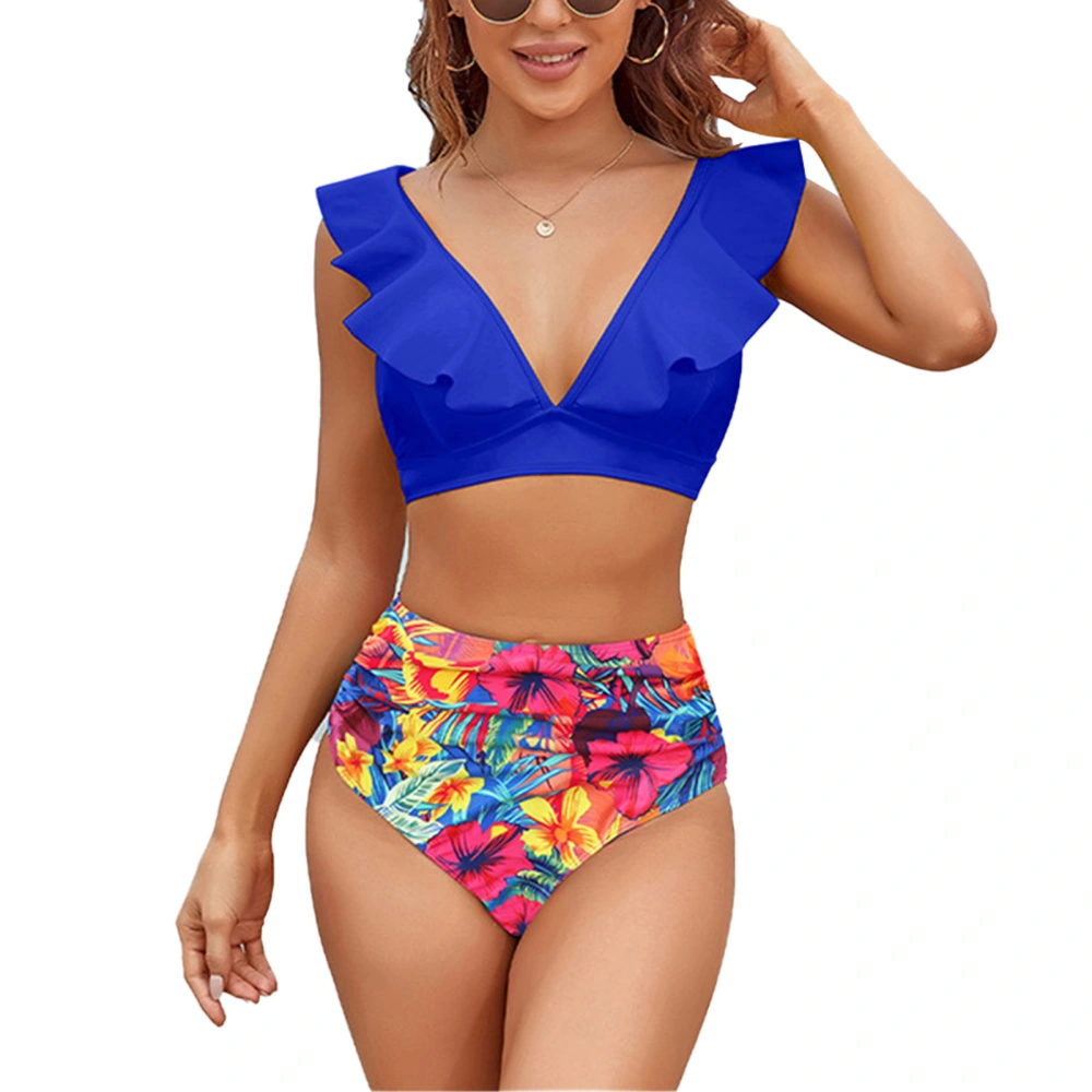 Women Two Piece Bikini with Chest Pad Adjustable Shoulder Straps V Neck Ruffle Trim Swimwear Bikini Set for Women Royalblue L